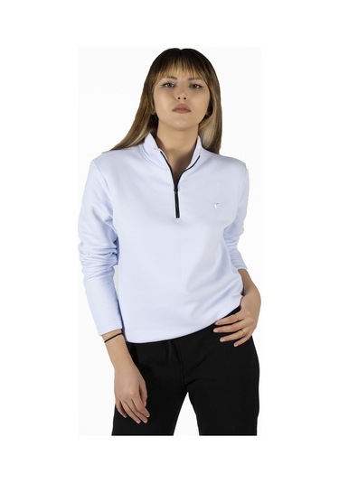 Kadın Beyaz Yarım Fermuarlı Basic Düz Renk Trend Sweatshirt Beyaz