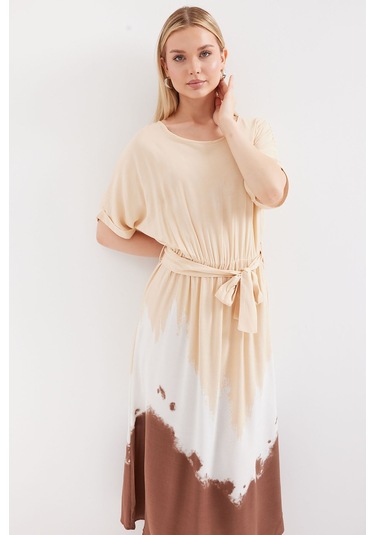 Bigdart 2504 Desenli Kısa Kol Viskon Elbise - Krem 001