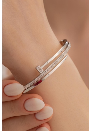 Kadın Çelik Bileklik - Taşlı Çivi Model 3 Sıra Kadın Kelepçe Gümüş