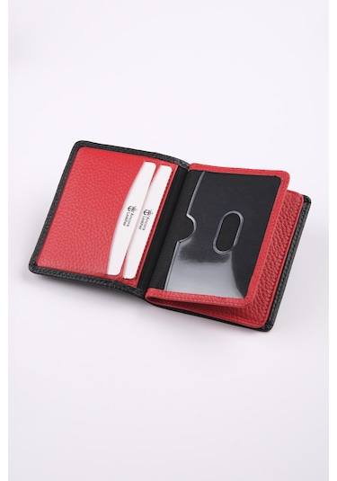 Ancora Leather Hakiki Deri Kartlık-26207 Siyah - Kırmızı