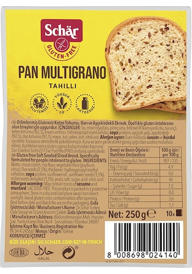 Schar Pan Multigrano Ketenli Glutensiz Ayçekirdekli Ekmek 8 x 250 G