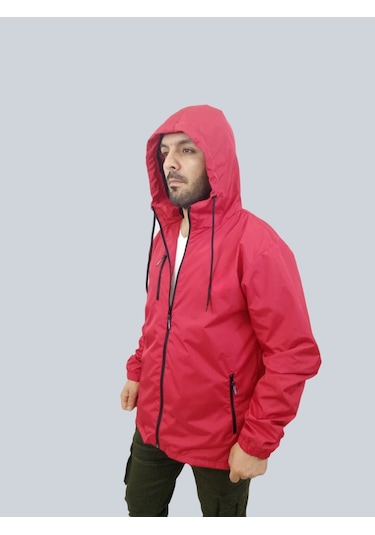 Erkek Kapüşonlu File Detaylı Kırmızı Yağmurluk Kırmızı