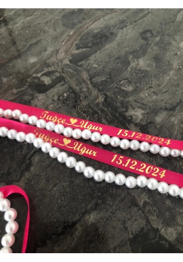 Dökülen İncili Isimli Yüzük Kurdelesi Söz Kurdelesi Fuşya