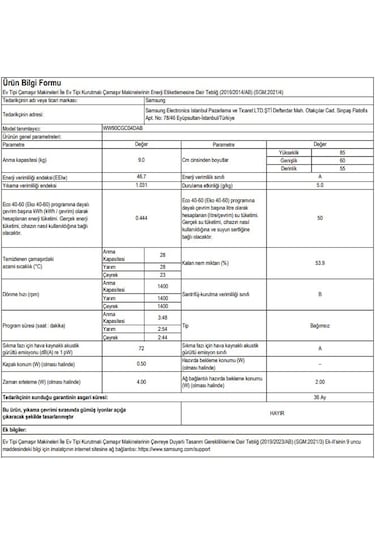 Samsung WW90CGC04DABAH 9 KG 1400 Devir Çamaşır Makinesi