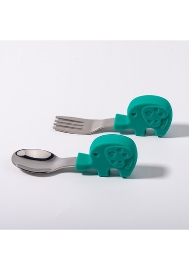 Unirice Bebek Yeme Kısa Saplı Çocuk Paslanmaz Çelik Çatal Kaşık Yeşil