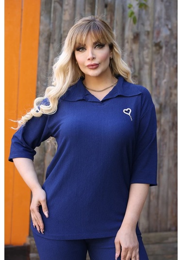 Kadın Günlük Patlı Gömlek Yaka Pantolon Takım Bürümcük Kumaş Lacivert