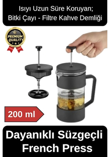 Premium Kalite Dayanıklı Isıyı Koruyan Filtre Kahve Bitki Çayı Demleme Siyah French Press 200 Ml Çok Renkli