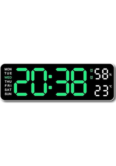 Beyaz & Yeşil 9 İnç Büyük Dijital Duvar Saati Sıcaklık Nem Hafta Otomatik Kısılabilir Masa Saati 12/24h Elektronik Led Çalar Saat Fonksiyonu Beyaz - Yeşil