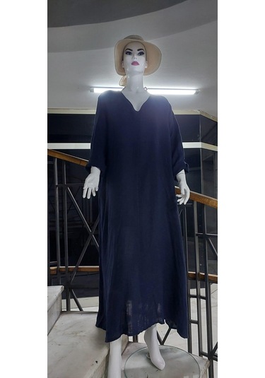 İtalyan V Yaka Uzun Kol Keten Elbise-8907 Lacivert