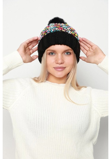 Ponpon Detay Renkli Örme Kadın Bere Rkş-21 Siyah Siyah