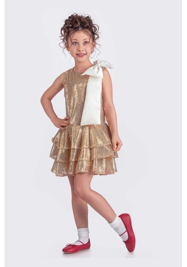 Etekli Şık Elbise Pullu 3 Kat Altın