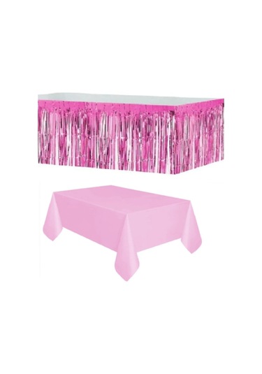 Plastik Pembe Masa Örtüsü - Pembe Metalize Masa Eteği Püskülü