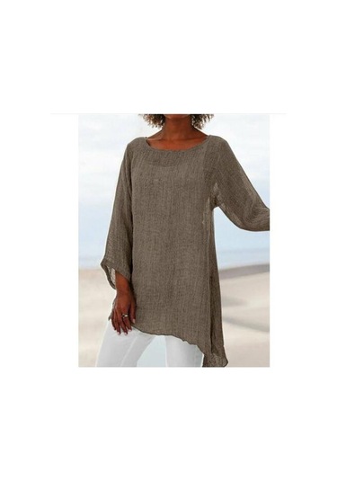 Haki Kadın Pamuklu Ve Keten Düz Renk Günlük Gömlek Düzensiz Uzun Kollu Tişört Haki