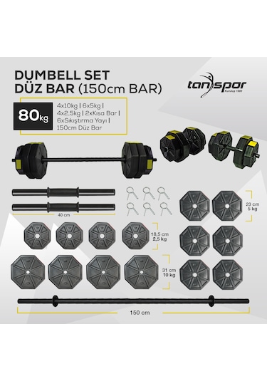 Tan Spor 80 KG Dambıl Halter Kısa Bar + Düz Bar Seti Kırmızı Kapaklı 150 CM