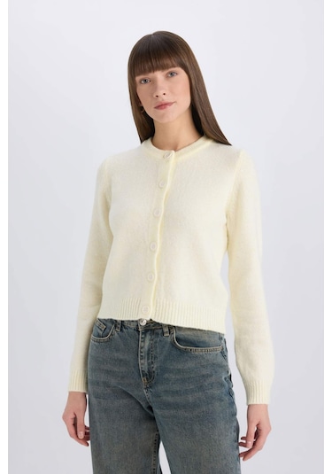 DeFacto Regular Fit Bisiklet Yaka Basic Düz Düğmeli Soft Touch Yumuşak Triko Hırka E3654AX25SPYL514 Sarı