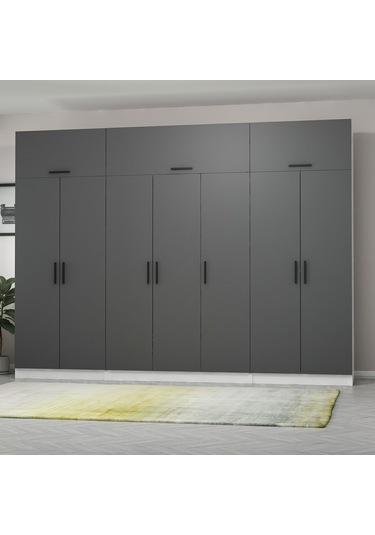 Minar Kale 7 Kapaklı 2 Çekmeceli Dolap Ve Yüklük Beyaz Antrasit 255cm Çok Renkli