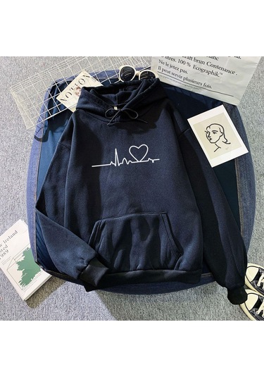 Lacivert 2023 Moda Sonbahar/kış Yeni Peluş Baskı Gevşek Kapşonlu Lacivert