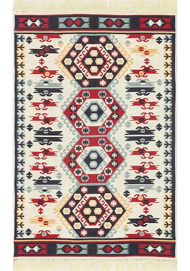 Red Cream Yıkanabilir Çift Taraflı Modern Desenli Dokuma Kilim