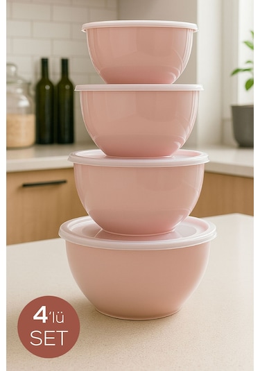 4 Lü Yuvarlak Kase Seti Pembe 1l, 1.5l, 2.3l, 3.3l Kapaklı Çok Amaçlı Mutfak Saklama Kabı Pembe