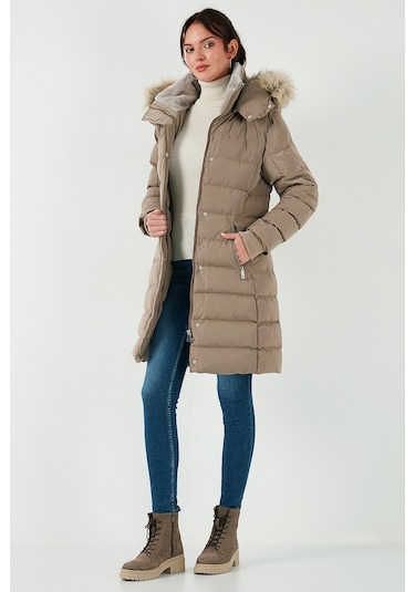 Lela Regular Fit Çıkarılabilir Kapüşonlu Fermuarlı Cepli Şişme Bayan Mont 497Emily Koyu Bej