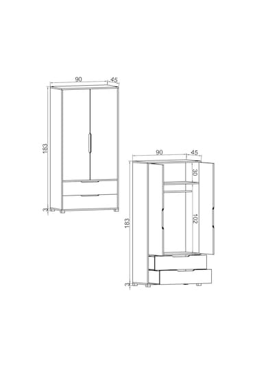 Flora 2 Kapaklı 2 Çekmeceli Gardırop Beyaz Elbise Dolabı