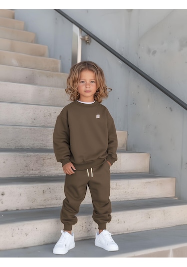 Bisiklet Yaka Eşofman Takımı Kahverengi