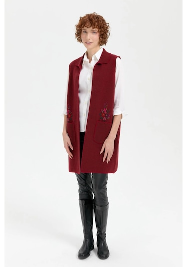 Desen Triko Kadın Polo Yaka Önü Açık İşlemeli Uzun Yün Yelek 24002 V.kırmızı V.kırmızı Kırmızı