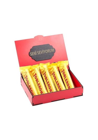 Sevdiklerinize Özel Kırmızı Ahşap Hediye Kutusunda 5 Adet Toblerone ( Seni Seviyorum Yazılı )