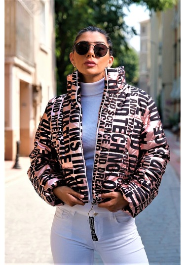 Kadın Rose Rengi Parlak Yazılı Dik Yaka Su Geçirmez Kısa Şişme Mo