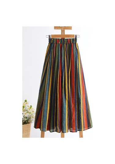 Qooth İlkbahar Yaz Kadın Yüksek Belli Renkli Şerit A-line Etek Vintage Midi A-line Uzun Etek Büyük Salıncak Ile Qt1718 Yeşil