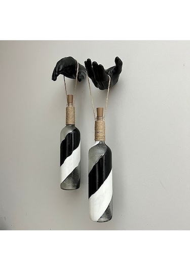 Siyah Heykel El Dekorlu Pilli Led Işıklı Vitray Cam Şarap Şişesi Çok Renkli