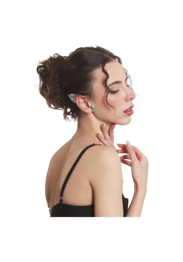 Kadın Gümüş Renk Lak Kaplama Taşlı Dokulu Yaprak Stilizesi Sağ Kulak Earcuff & Kıkırdak Küpe Çok Renkli