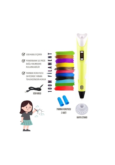 Sarı 3D Kalem 3D Pen Yazıcı Kalem – 20 Adet 5 Metrelik PLA Filament (Toplam 100M) + USB Kablo