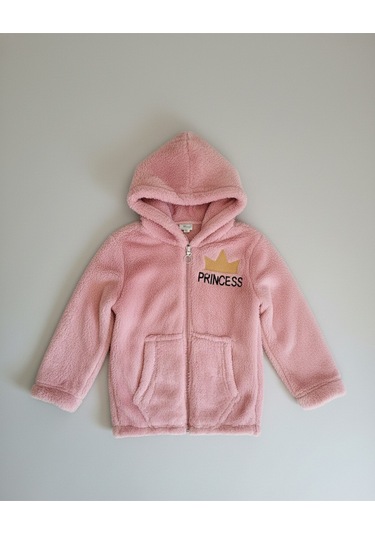 Princess Yazılı Taç Nakışlı Gül Kurusu Pelüş Kapüşonlu Kız Çocuk Hırka Gül Kurusu