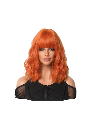 Turuncu Kısa Kıvırcık Kadın Peruk