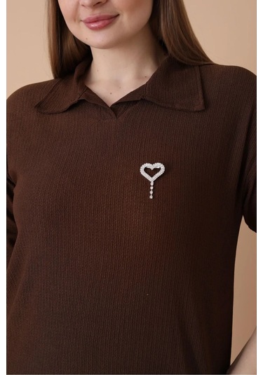 Kadın Günlük Patlı Gömlek Yaka Pantolon Takım Bürümcük Kumaş Kahverengi