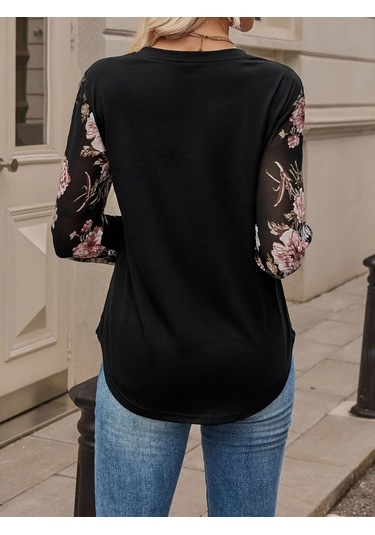 Kadın Uzun Kollu Bisiklet Yakalı Kolun Çiçek Desenli Viskon Iki Iplik Bluz Siyah