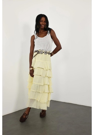 Sarı Beli Lastikli Volanlı Maxi Etek 4097 Sarı