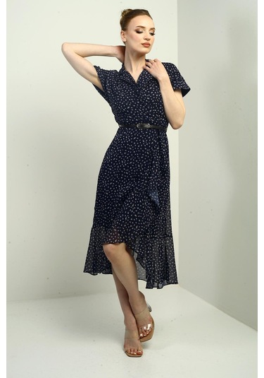 Kadın Kruvaze Yaka Astarlı Çıtır Desen Önü Volanlı Şifon Elbise-40767 Lacivert