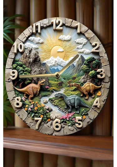 Sessiz Yuvarlak Ahşap Duvar Saati, Kuvars Dinazorlar 2d Sdw027 Renkli