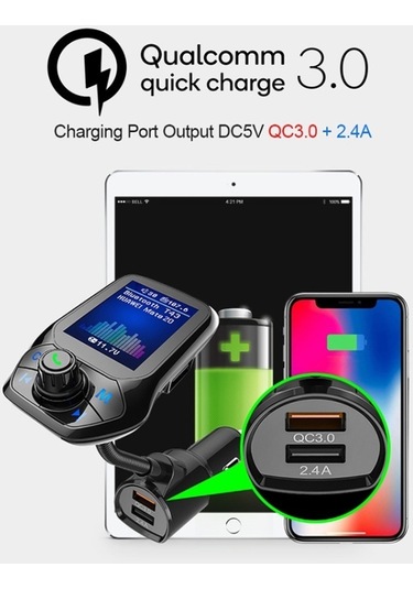 Sones T43 Araba Bluetooth Mp3 Çok Fonksiyonlu Büyük Renkli Ekran Qc3.0 Bluetooth Araç Şarjı Kayıpsız Araba Bluetooth Oynatıcı