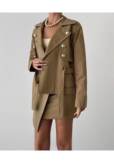 Kadın Düğme Detaylı Hardal Ceket Ve Etek Alt Üst Takım Hardal