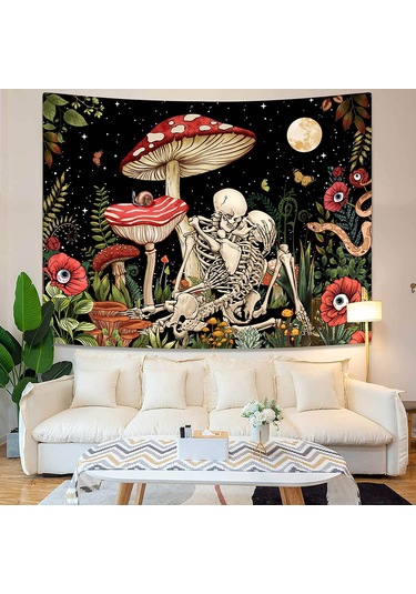 Mantar Kafatası Goblen Duvar Asılı İskelet Çiçek Halılar Estetik Odası Dekor Trippy Bitki Doğa Sanat Yatak Odası Dekorasyon