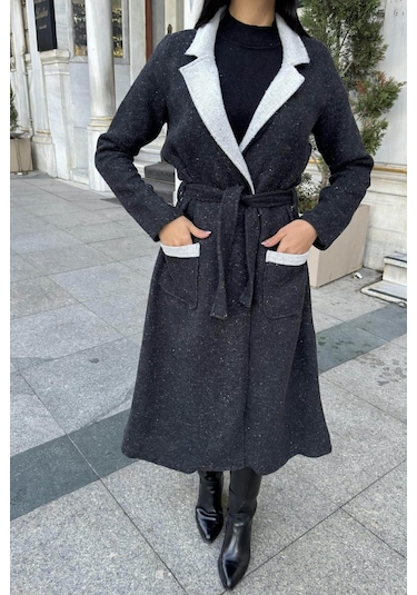 Siyah Çift Taraflı Kruvaze Yaka, Kuşaklı, Yumoş Dokulu, Duble Kaşe Uzun Ceket Siyah