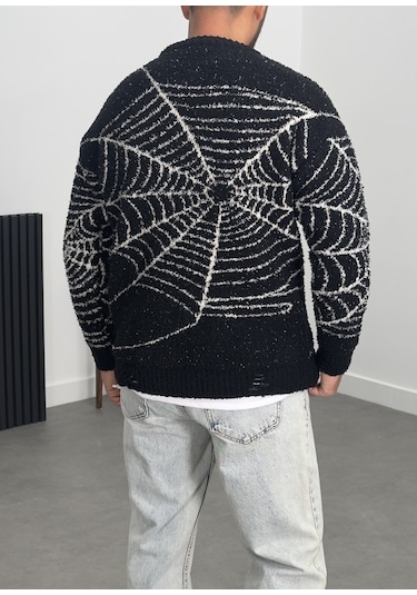 Örümcek Ağı Desenli Siyah Erkek Peluş Sweatshirt Coc1200 Siyah