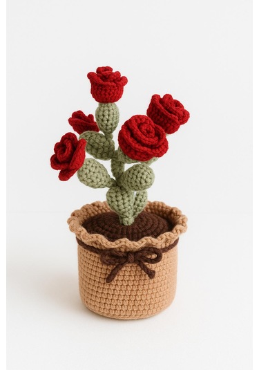 El Yapımı Örgü Saksılı Gül - Yeni İş Hediyesi - Özel Gün Hediyesi