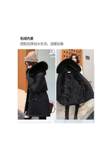 Snapbuy Kalın, Yumuşak Dolgulu, Midi Boy, Kapüşonlu, Kürk Detaylı Kadın Mont Siyah