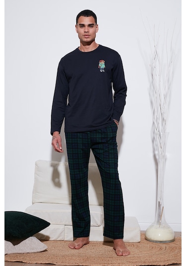 Buratti Ekoseli Regular Fit Yüksek Bel Cepli Bisiklet Yaka Erkek Pijama Takımı 6574002 Lacivert