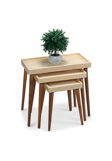 Mobenta Basic Nest-3 Doğal Masif Ahşap 3'lü Zigon Sehpa, Latalı - Bz Krem