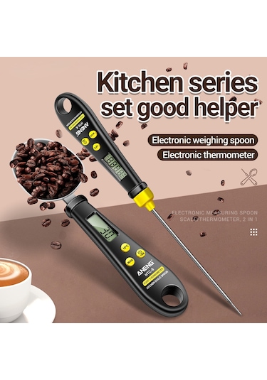 Aneng 2'si 1 Arada Abs + Paslanmaz Çelik Dijital Ekran Elektronik Mutfak Termometresi Gıda Ağırlığı Ölçme Kaşığı - Siyah